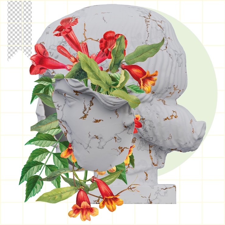 PSD orpheus estátuas 3d render colagem com composições de pétalas de flores para o seu trabalho