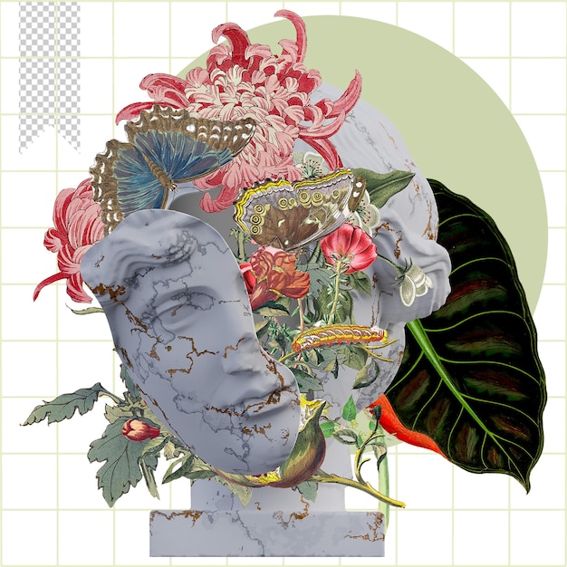 Orpheus statues 3d render collage with flower petals compositions for your work