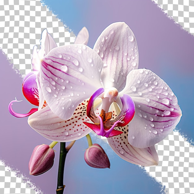 Orquídea blanca con motas moradas en el fondo transparente