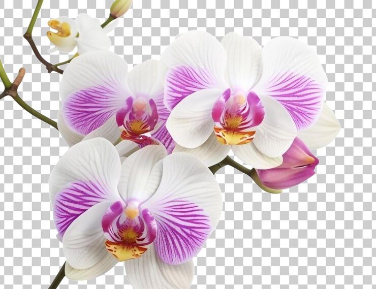 PSD una orquídea púrpura y blanca con una flor blanca en un fondo transparente