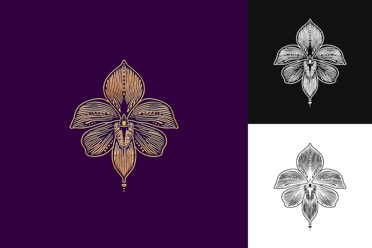 PSD orquídea con venas de plantas de orejas de elefante y formas básicas con p diseño vectorial de ilustraciones creativas