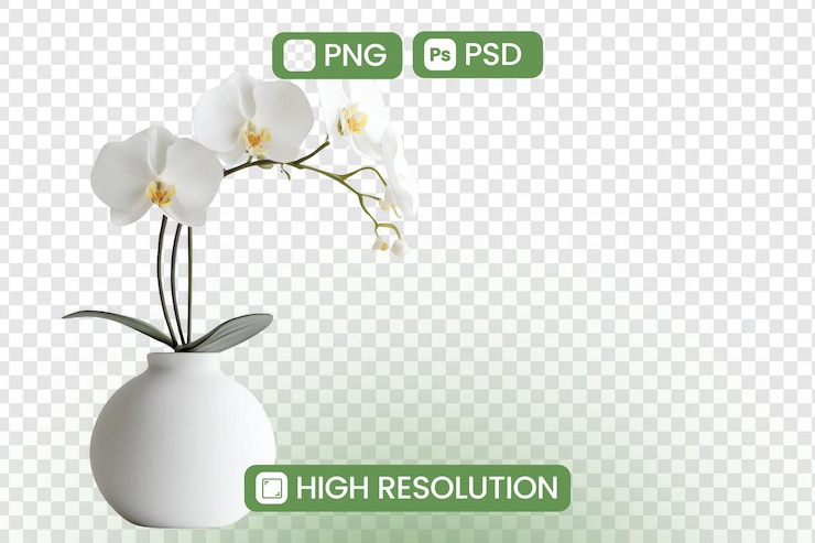 PSD orquídeas blancas serenas en un jarrón png psd de alta resolución descargas para proyectos de diseño elegante decoración del hogar inspiración y aplicaciones artísticas