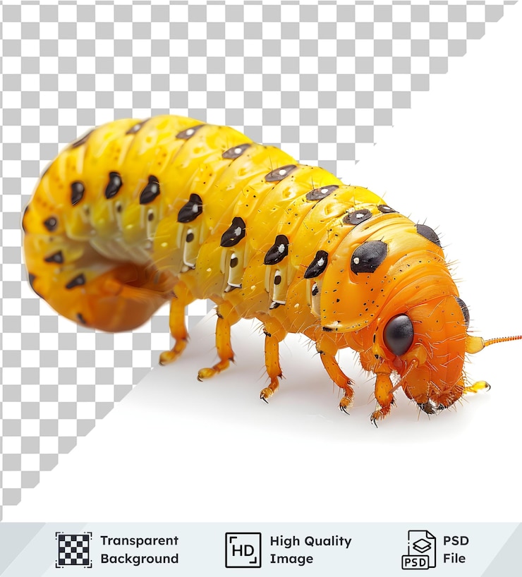 PSD la oruga amarilla vibrante se arrastra en un fondo transparente de primera calidad fotografía detallada de insectos