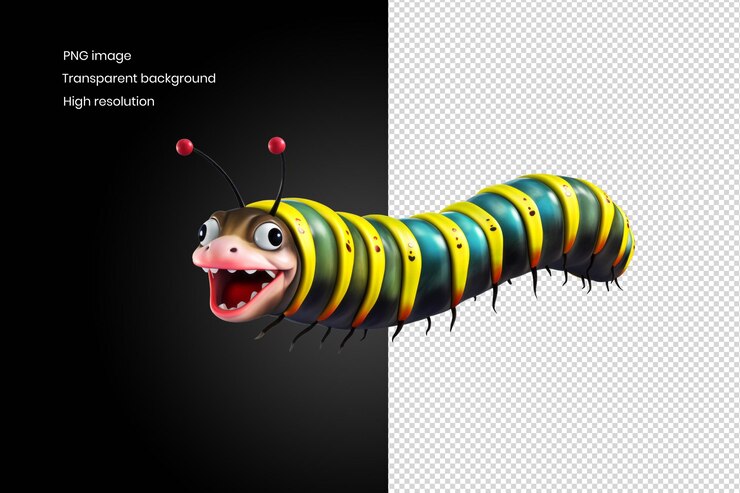 PSD una oruga de dibujos animados con una amplia sonrisa y rayas amarillas y azules en el fondo eliminado