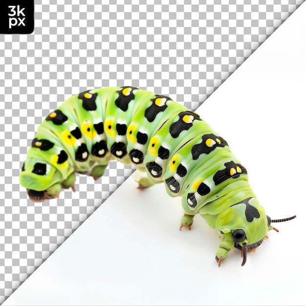 Una oruga verde con un insecto negro y amarillo en ella