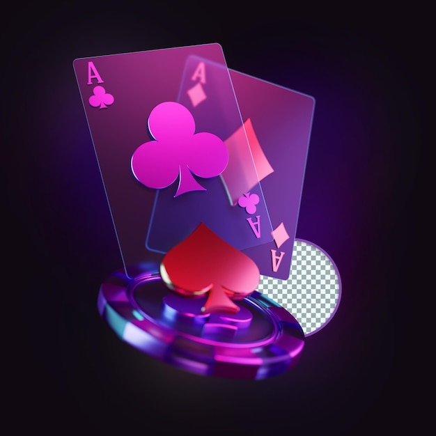 Os cartões de vidro e a composição do poker do chip casino 3d render, elemento de design,