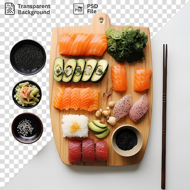 PSD os entusiastas incríveis de sushi preparam em uma tábua de corte de madeira com uma variedade de produtos frescos, incluindo fatias de abacate e peixe laranja acompanhados de um