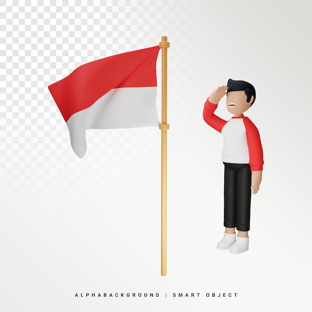 PSD os homens indonésios respeitam a ilustração 3d da bandeira indonésia