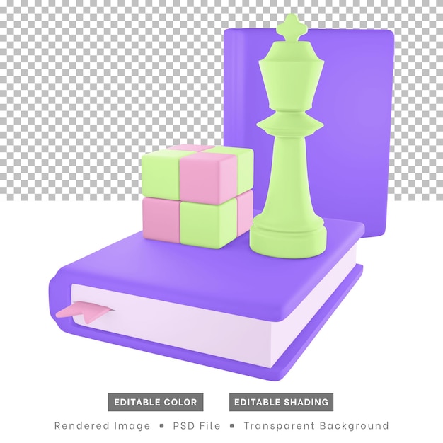 Os ícones de hobby de renderização 3d incluem peças de xadrez de livros e quebra-cabeças de cubo