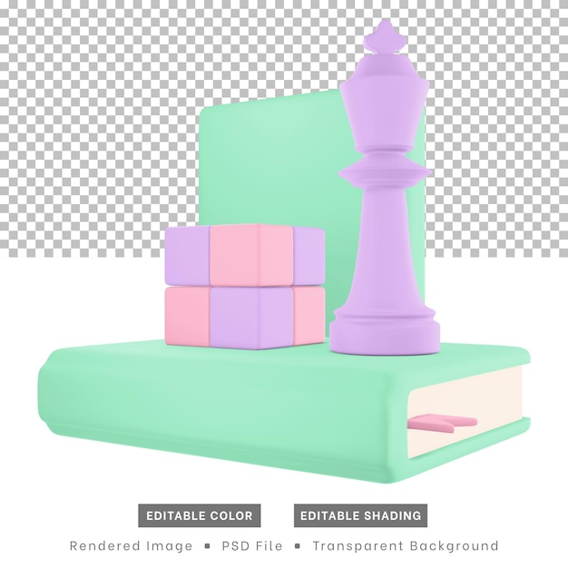 Os ícones de hobby de renderização 3D incluem peças de xadrez de livros e quebra-cabeças de cubo