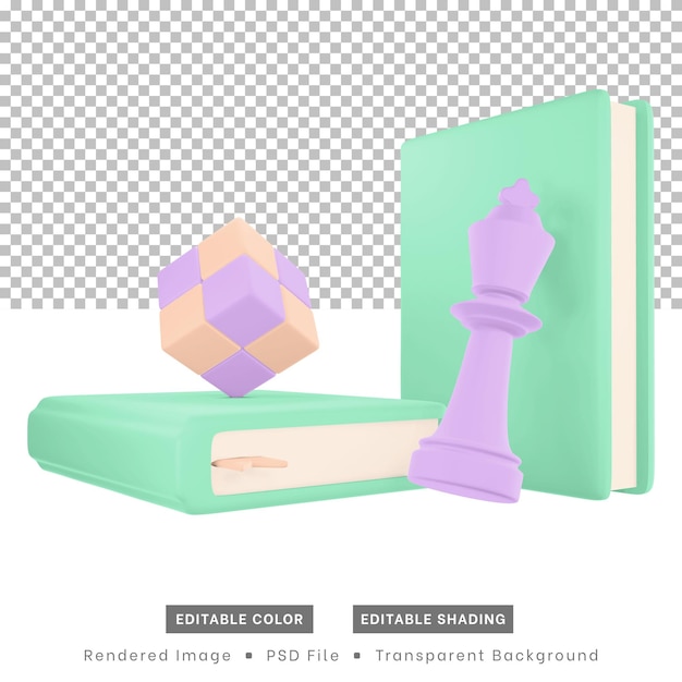 Os ícones de hobby de renderização 3D incluem peças de xadrez de livros e quebra-cabeças de cubo