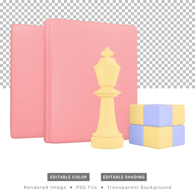 Os ícones de hobby de renderização 3D incluem peças de xadrez de livros e quebra-cabeças de cubo