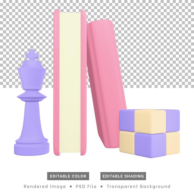 Os ícones de hobby de renderização 3D incluem peças de xadrez de livros e quebra-cabeças de cubo