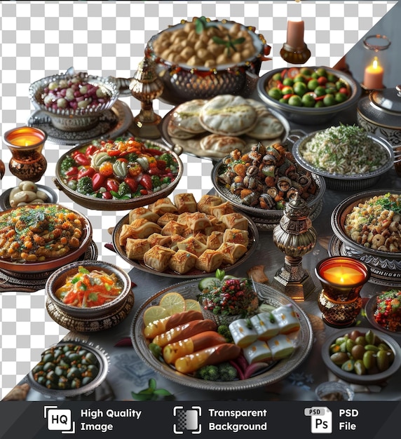 Os pratos tradicionais de eid al-fitr são exibidos em uma mesa cinzenta adornada com velas laranjas acompanhadas por uma variedade de tigelas e pratos