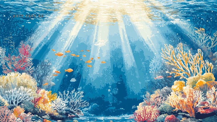 PSD os raios do sol iluminam o vibrante recife de coral, repleto de peixes
