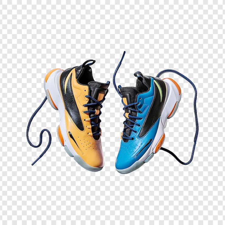 PSD os sapatos estão no cabide que é azul e amarelo de fundo transparente