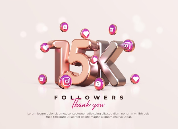 PSD os seguidores 3d 15k de ouro rosa e prata agradecem com ícones do instagram
