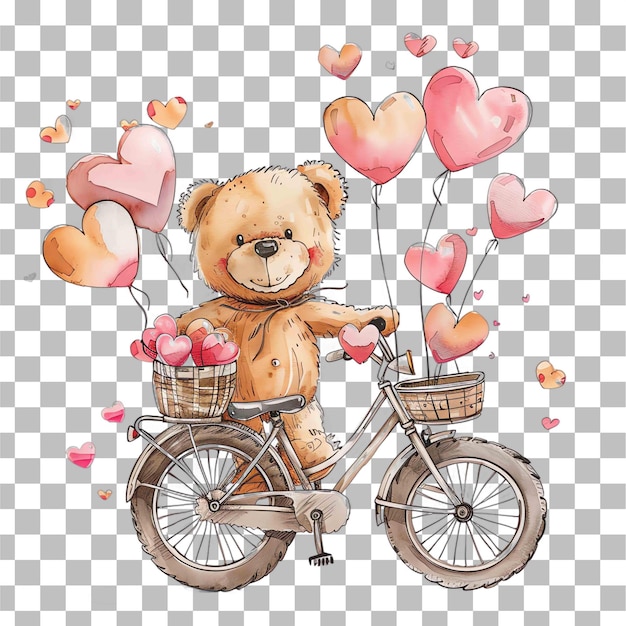 PSD un osito de peluche con globos en una bicicleta con un oso de peluque en la espalda