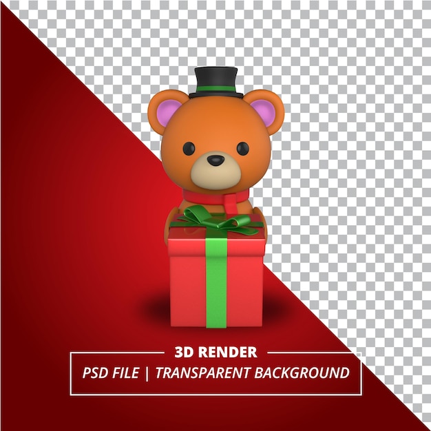 Oso 3d con caja de regalo en fondo transparente