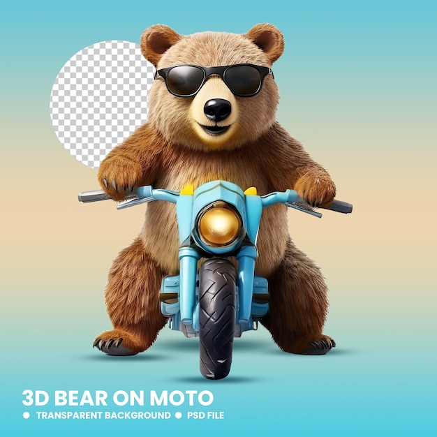 Oso 3d con gafas negras en motocicleta sin fondo psd