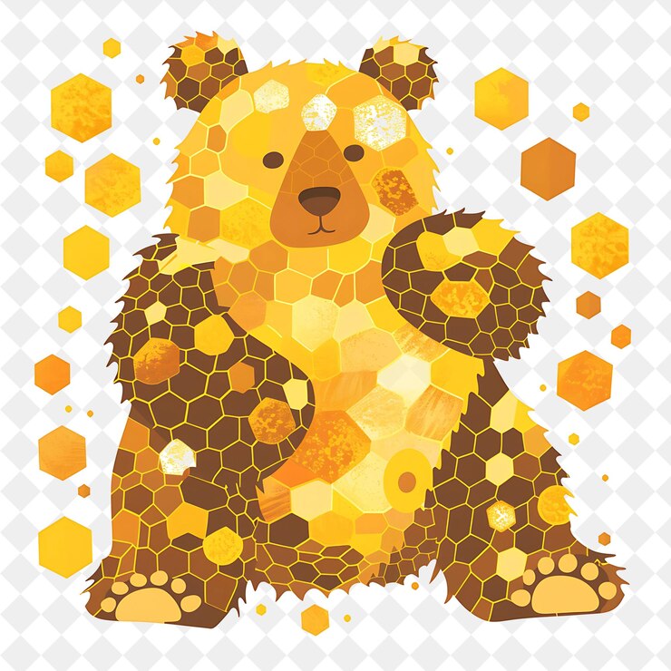 PSD un oso amarillo con muchos puntos y la palabra miel en él
