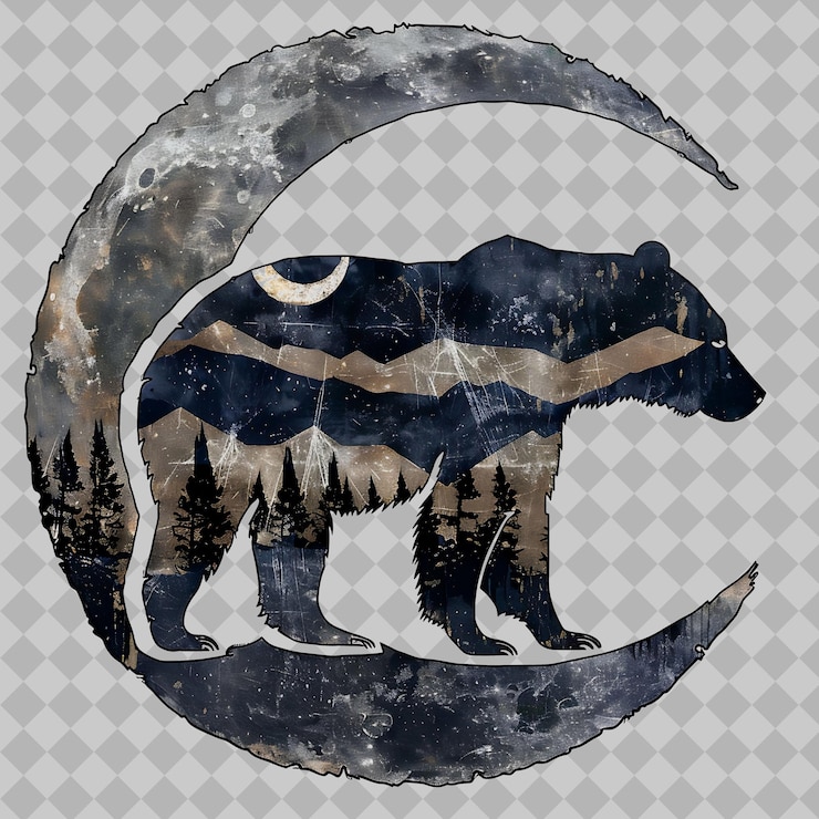 PSD el oso gobi animal dentro de una silueta nonagon luna adornada con wi png acuarela colecciones de vida silvestre