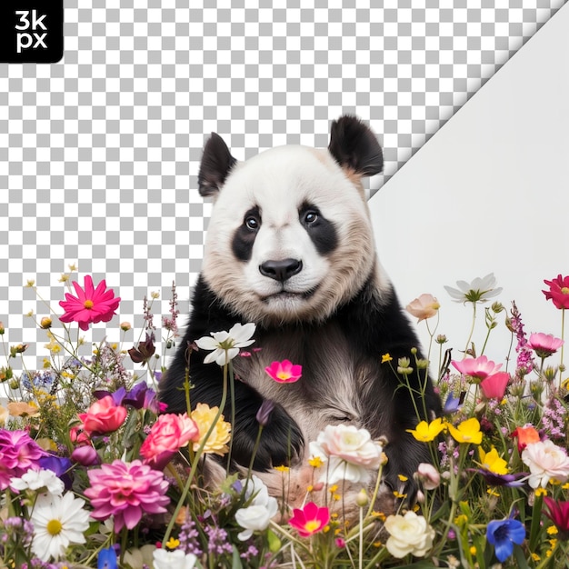 Un oso panda en un campo de flores con un fondo blanco y negro