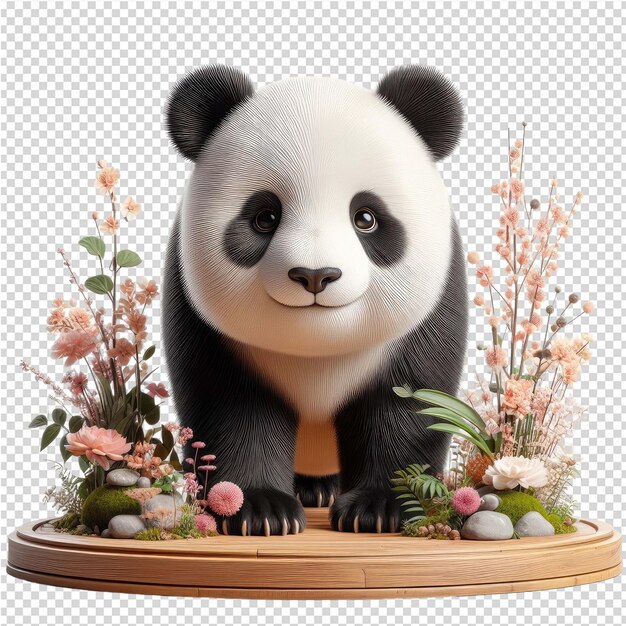 PSD un oso panda con una canasta de flores y una caja con una imagen de un panda