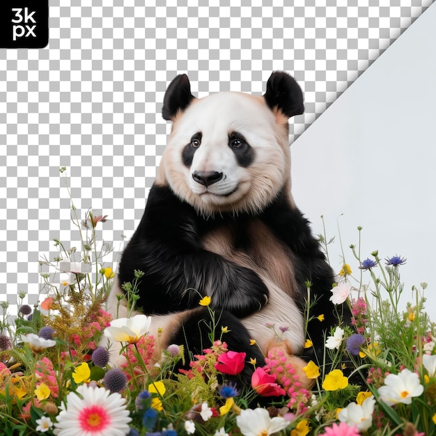 PSD un oso panda con una cara negra y blanca se sienta en un lecho de flores