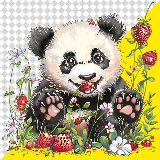 PSD un oso panda con una fresa en la cara y flores en el fondo