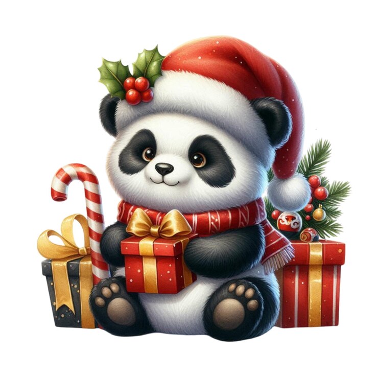 PSD un oso panda de peluche con un regalo de navidad en su pecho