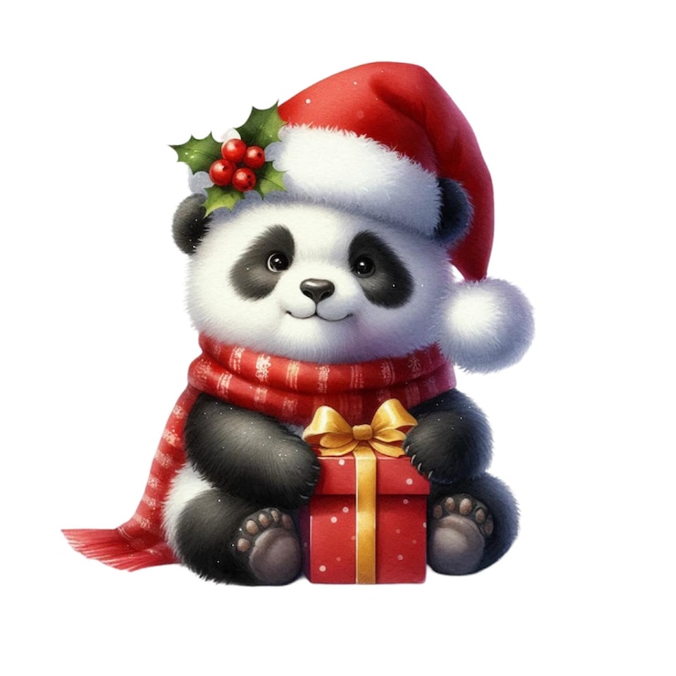 PSD un oso panda de peluche con un sombrero de santa y sosteniendo un regalo