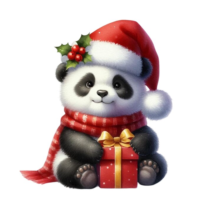 PSD un oso panda de peluche con un sombrero de santa y sosteniendo un regalo