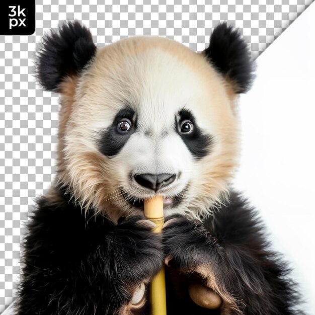 Un oso panda sosteniendo un palo de bambú con un palo en la boca