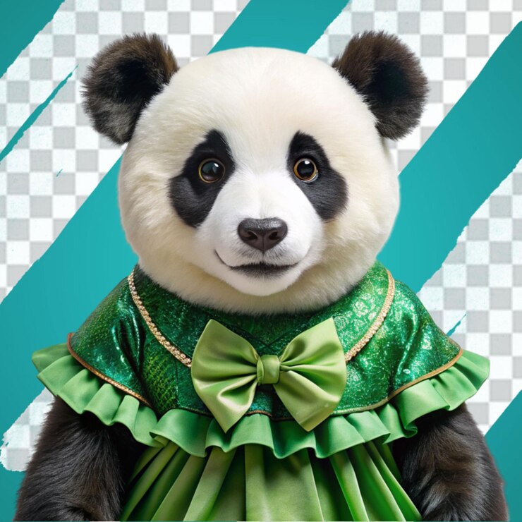 PSD un oso panda con un vestido verde