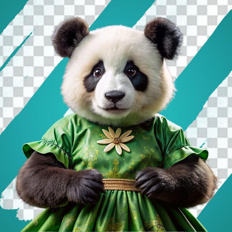 PSD un oso panda con un vestido verde