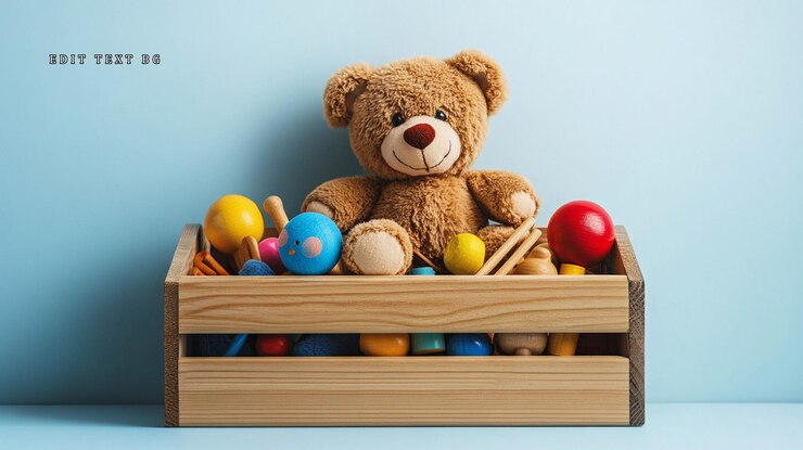 PSD un oso de peluche marrón sentado en una caja de madera llena de juguetes infantiles coloridos contra un fondo azul claro