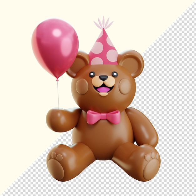 Oso de peluche PSD 3D con un lazo rosado sosteniendo un globo rosado