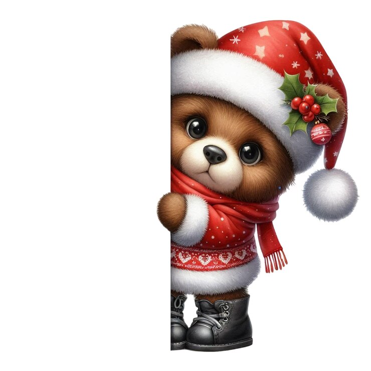 PSD un oso de peluche con un sombrero de santa y sosteniendo un letrero que dice "santa"
