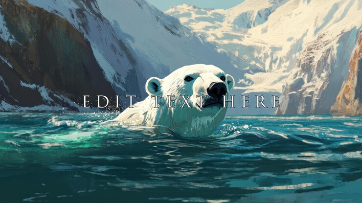 PSD el oso polar nadando en el helado agua ártica majestuosas montañas en el fondo