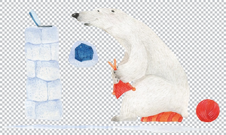 PSD el oso polar se teje delante de una computadora portátil. ilustración acuarela, elementos en capas