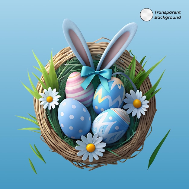 Ostereier in einem Korb mit Kaninchenohren und Blumen