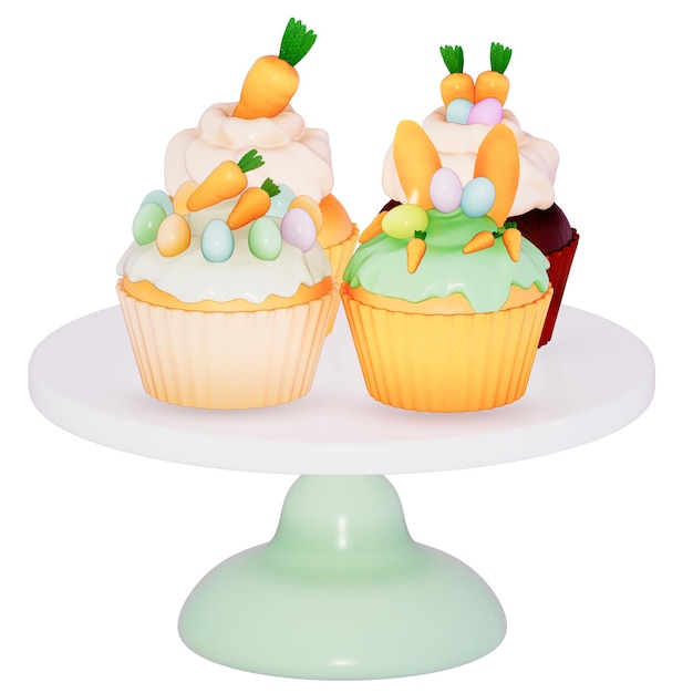 PSD osterfeiertag-dessert karotten-cupcakes mit stand auf weißem hintergrund 3d-rendering