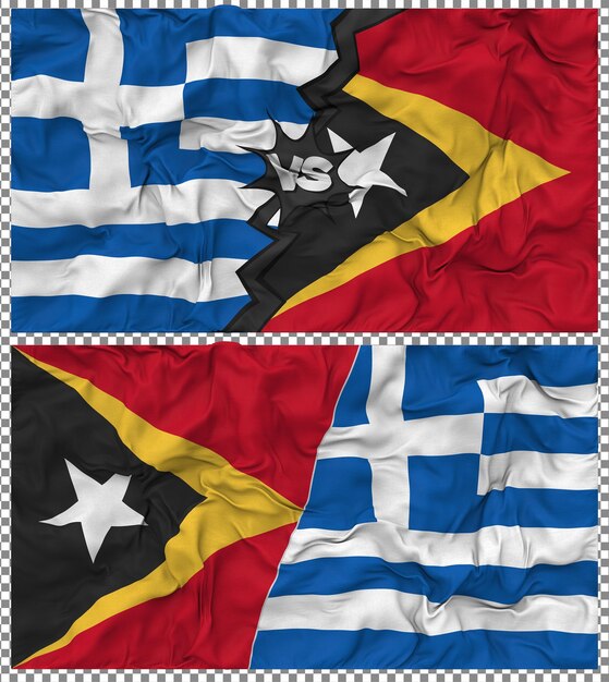 Osttimor gegen Griechenland Halbkombinierte Flagge Stoff-Bump-Textur 3D-Rendering
