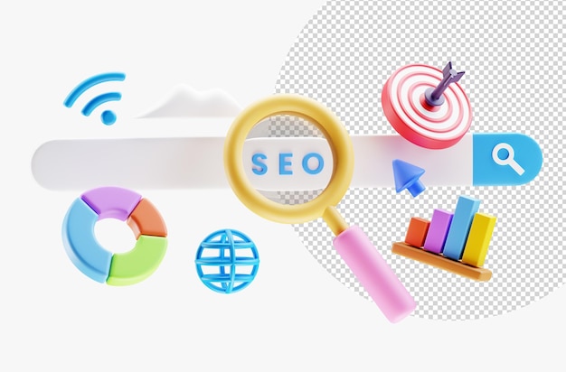 Otimização de SEO 3D Lupa para pesquisa de análise da web e conceito de mídia social de marketing de seo Interface de SEO para estratégia de site e renderização 3D de tráfego de mecanismo de pesquisa