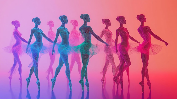 PSD otto ballerine in vivace luce al neon che mostrano eleganza e grazia in una postura sincronizzata
