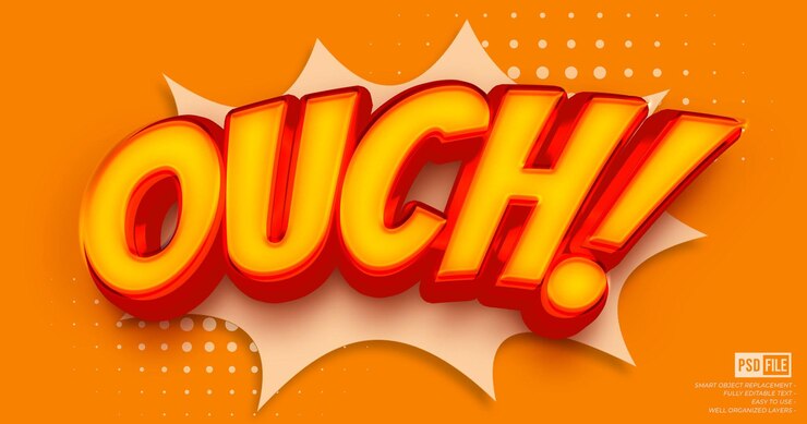 PSD ouch efecto de texto de dibujos animados estilo cómic 3d editable