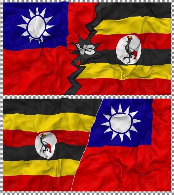 L'Ouganda vs Taïwan Half Combined Flag Cloth Bump Texture Rendering 3D Il s'agit d'une combinaison de drapeaux, dont la texture est en 3D.