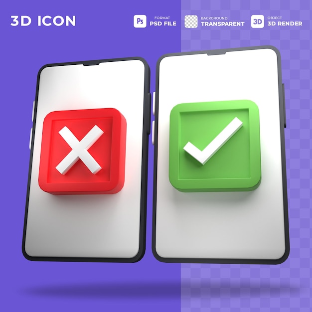 Oui et non, bien et mal, concept approuvé et refusé dans le symbole de l'icône 3D