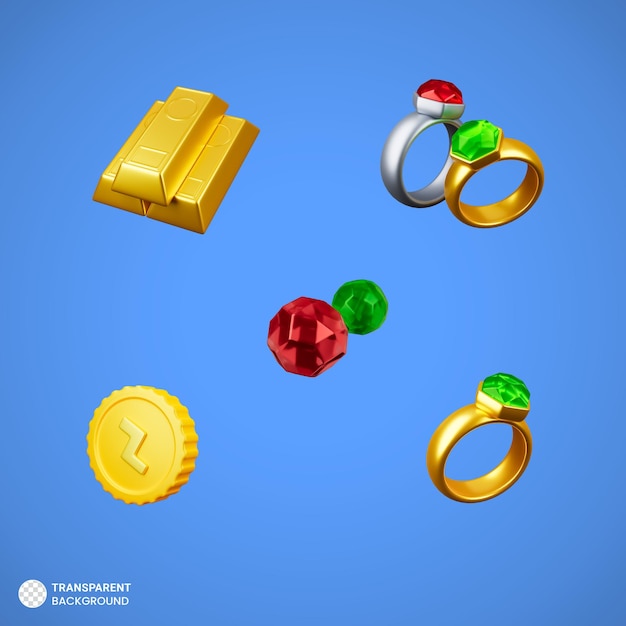 Ouro e diamante conjunto ícone 3d render ilustração